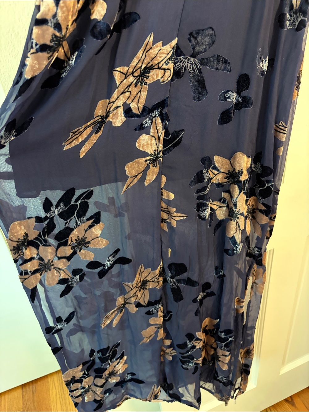 Lulu's Navy Maxi Dress with Bronze Floral Print w/ Sheer bottom - Picture 4 of 6